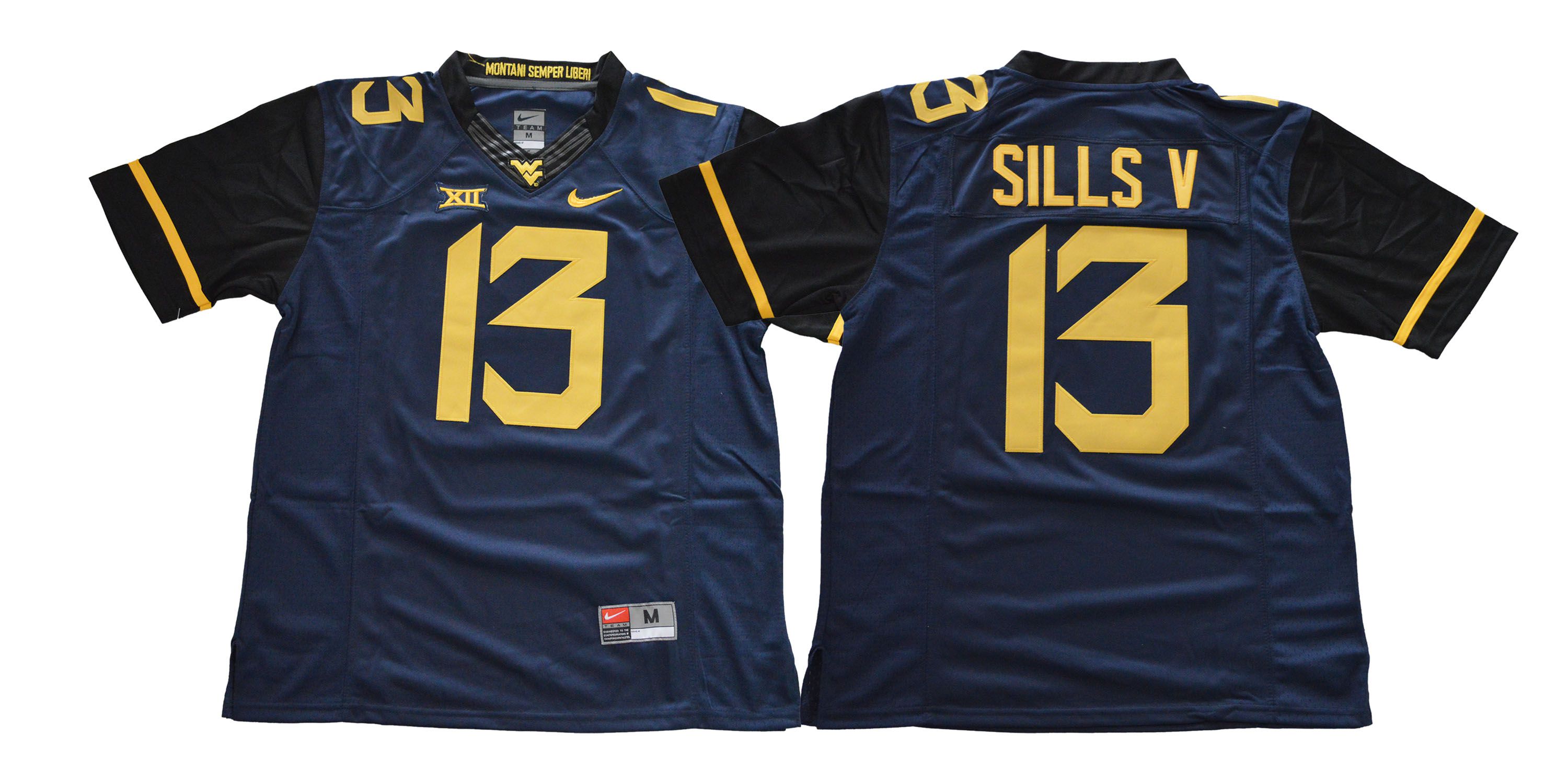 Men West Virginia Mountaineers #13 Sills v Blue NCAA Jerseys->ncaa teams->NCAA Jersey